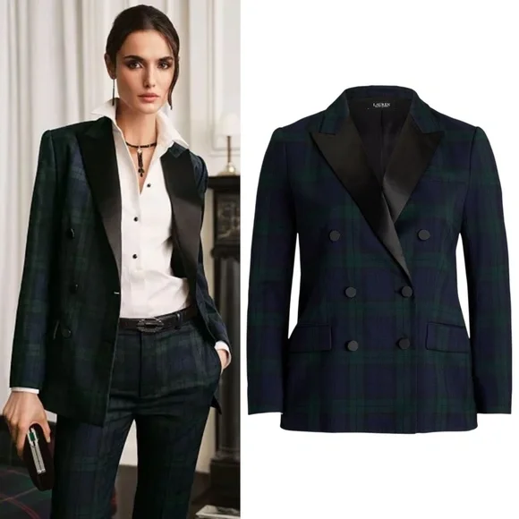 Ralph Lauren Plaid Double Breasted Satin Wool Tuxedo Blazer Green/Navy/Black 22W - Picture 14 of 14